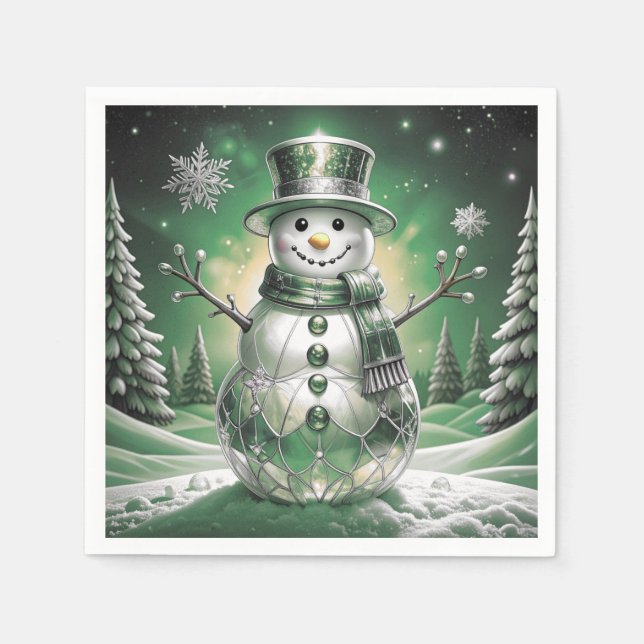 Servilleta De Papel Green Snowman Snowflakes Holiday Napkin (Anverso)