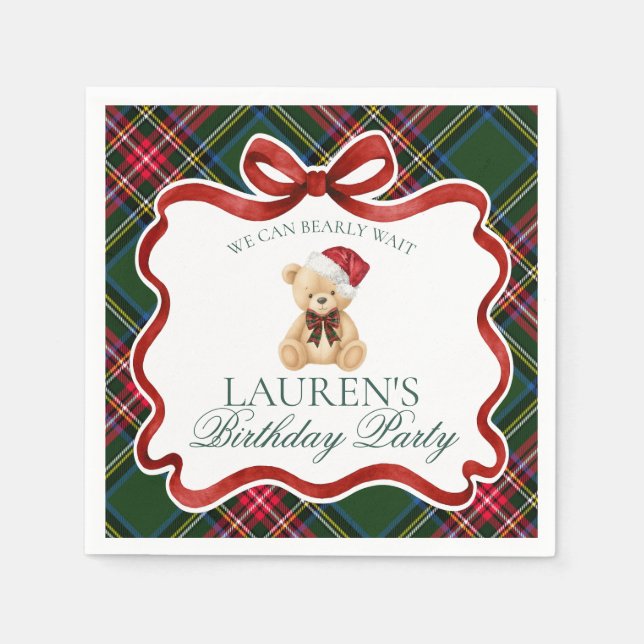 Servilleta De Papel Green Tartan Plaid Christmas Bear Birthday Party (Anverso)