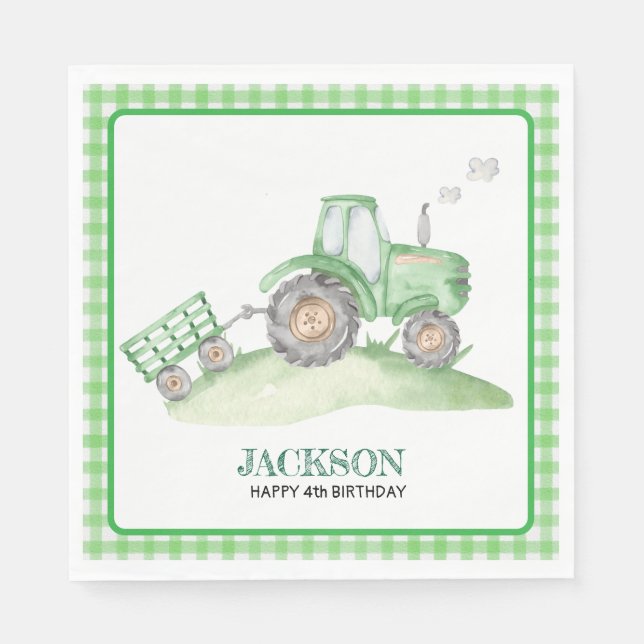Servilleta De Papel Green Tractor birthday napkins checkered gingham (Anverso)