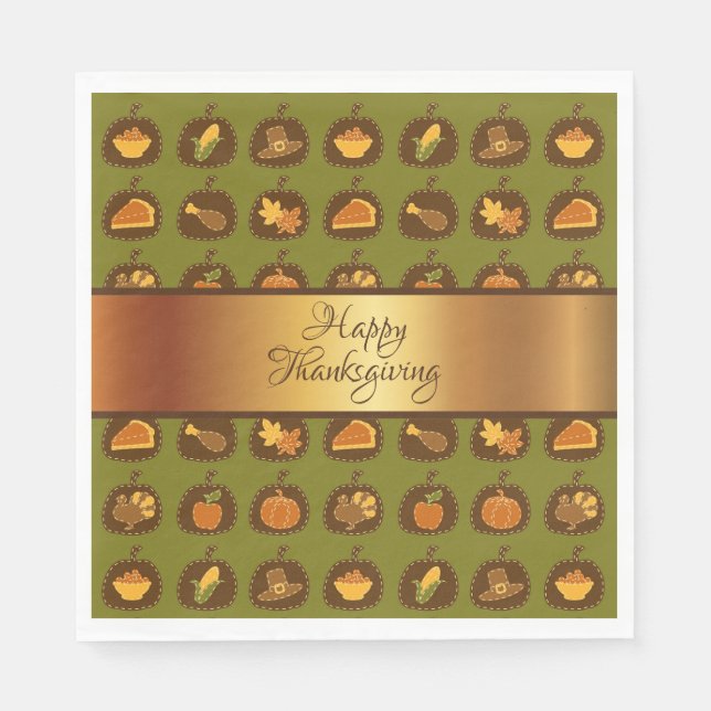 Servilleta De Papel Green Turkey & Pumpkin Shiney Gold Thankending (Anverso)