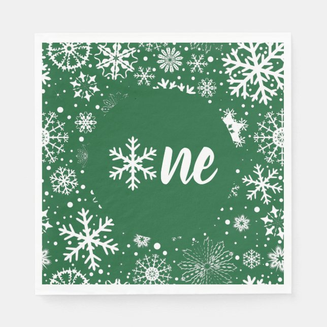 Servilleta De Papel Green Winter First Birday Snowflake One Napkins (Anverso)