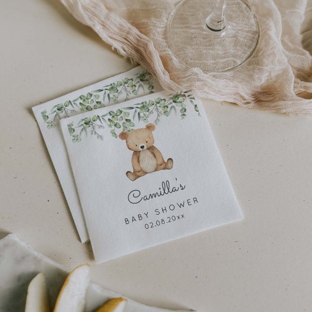 Servilleta De Papel Green Woodland Cute Bear Baby Shower (Subido por el creador)