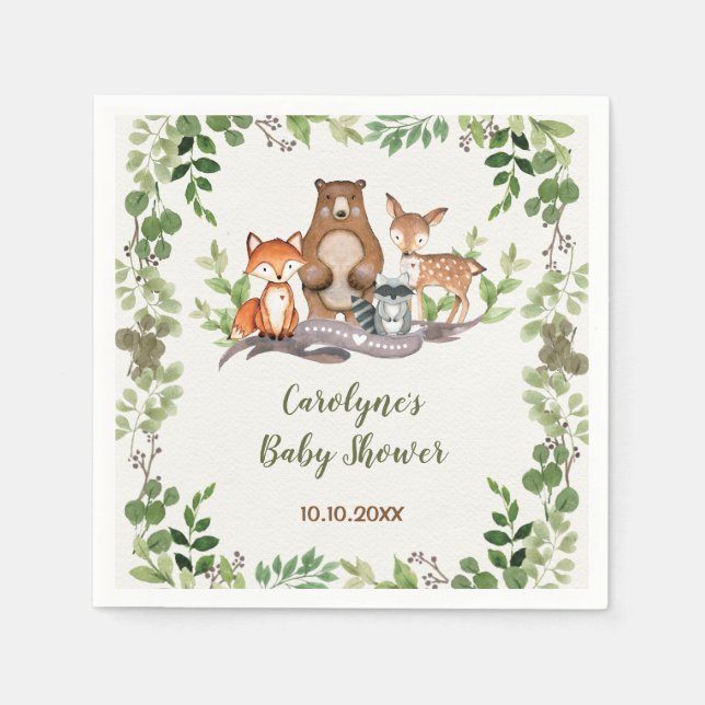 Servilleta De Papel Greenery Botanical Woodland Animals Baby Shower (Anverso)