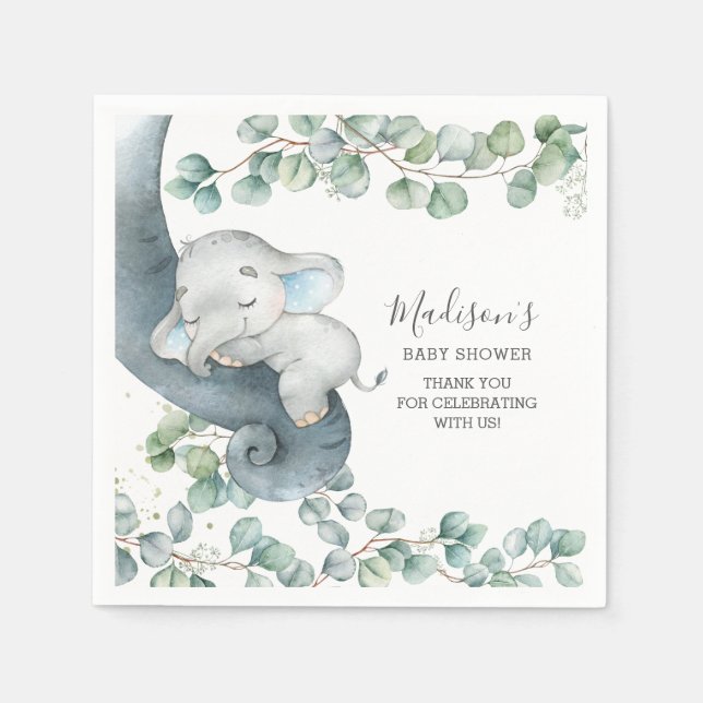 Servilleta De Papel Greenery Cute Elephant Boy cumpleaños de Baby Show (Anverso)