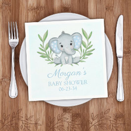 Servilleta De Papel Greenery Elephant Blue Boy Baby Shower
