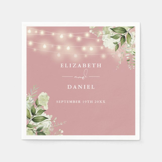 Servilleta De Papel Greenery Floral String Lights Dusty Rosa Boda (Anverso)