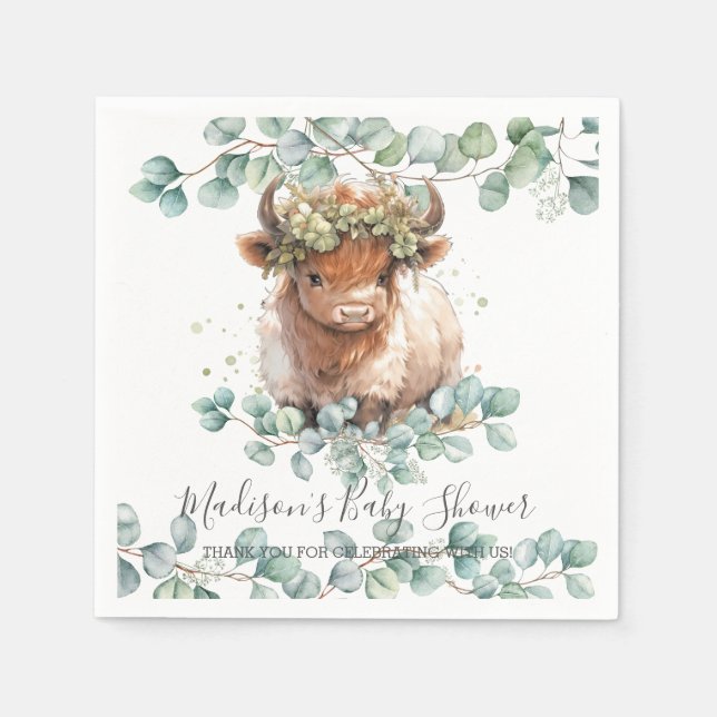 Servilleta De Papel Greenery Fluffy Highland Cow Baby Shower Cumpleaño (Anverso)