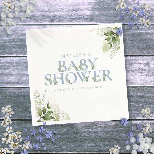 Servilleta De Papel Greenery Foliage Boy Dusty Blue Baby Shower (Greenery Foliage Boy Dusty Blue Baby Shower Napkins)