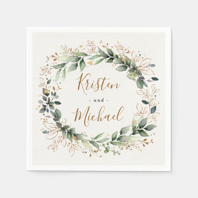 Servilleta De Papel Greenery Gold Elegant Watercolor Boho Leaf Boda (Anverso)