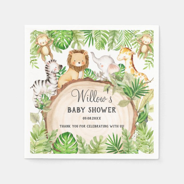 Servilleta De Papel Greenery Jungle Animals Baby Shower Primer cumplea (Anverso)