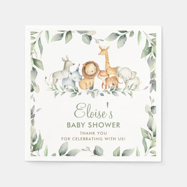 Servilleta De Papel Greenery Jungle Animals Baby Shower Primer cumplea (Anverso)