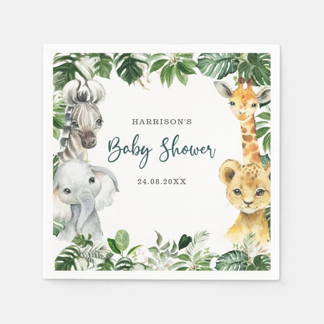Servilleta De Papel Greenery Jungle Safari Animals Baby Shower (Anverso)