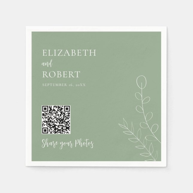 Servilleta De Papel Greenery Wedding QR Share Your Photos Sage Green (Anverso)