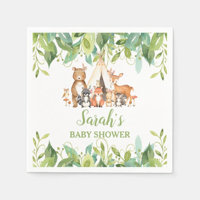 Servilleta De Papel Greenery Woodland Animals Baby Shower Birthday Boy (Anverso)