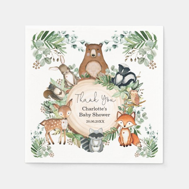 Servilleta De Papel Greenery Woodland Animals Baby Shower Primer cumpl (Anverso)