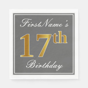 Servilleta De Papel Gris elegante, oro falso 17 cumpleaños; nombre per