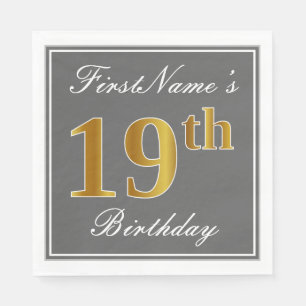 Servilleta De Papel Gris elegante, oro falso 19 cumpleaños; nombre per