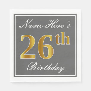 Servilleta De Papel Gris elegante, oro falso 26 cumpleaños; nombre per