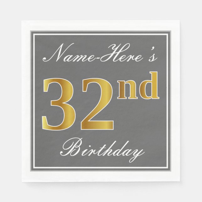 Servilleta De Papel Gris elegante, oro falso 32 cumpleaños; nombre per (Anverso)