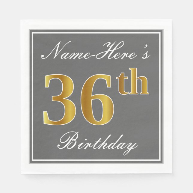 Servilleta De Papel Gris elegante, oro falso 36 cumpleaños; nombre per (Anverso)