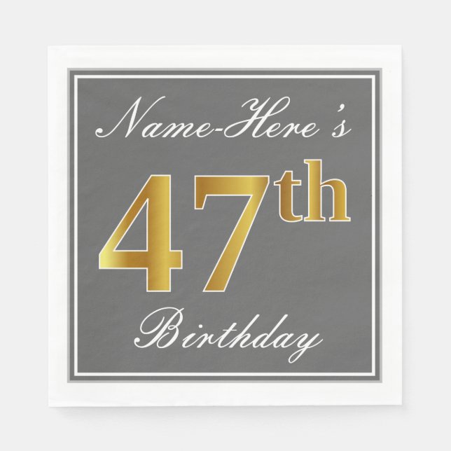 Servilleta De Papel Gris elegante, oro falso 47 cumpleaños; nombre per (Anverso)