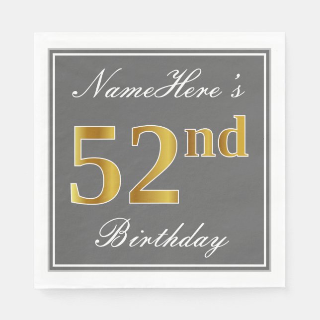 Servilleta De Papel Gris elegante, oro falso 52 cumpleaños; nombre per (Anverso)