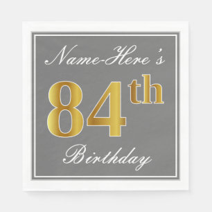 Servilleta De Papel Gris elegante, oro falso 84º cumpleaños; nombre pe