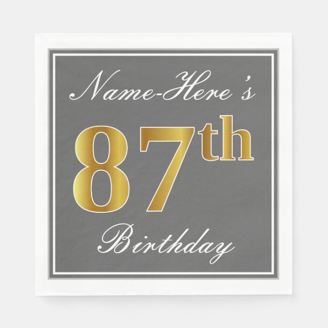 Servilleta De Papel Gris elegante, oro falso 87 cumpleaños; nombre per (Anverso)