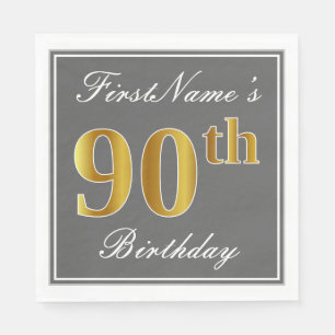 Servilleta De Papel Gris elegante, oro falso 90 cumpleaños; nombre per