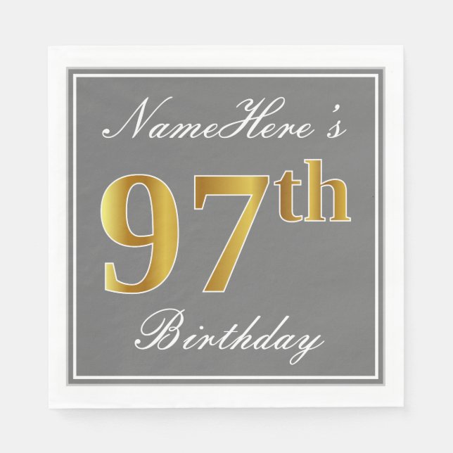 Servilleta De Papel Gris elegante, oro falso 97 cumpleaños; nombre per (Anverso)