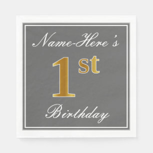 Servilleta De Papel Gris elegante, oro falso primer cumpleaños + nombr