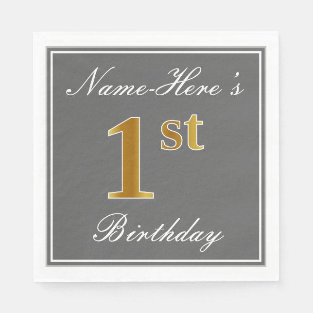 Servilleta De Papel Gris elegante, oro falso primer cumpleaños + nombr (Anverso)