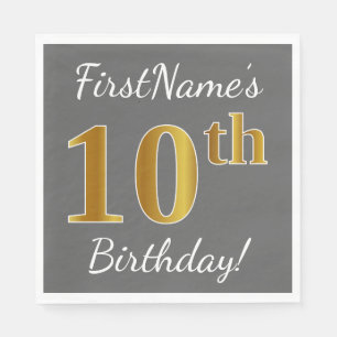 Servilleta De Papel Gris, Faux Gold 10 cumpleaños + Nombre personaliza