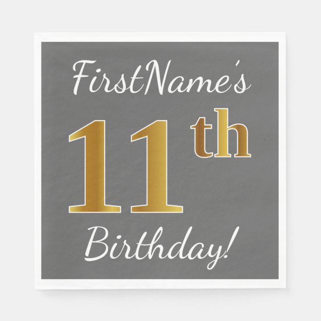 Servilleta De Papel Gris, Faux Gold 11th Birthday + Nombre personaliza (Anverso)