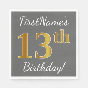Servilleta De Papel Gris, Faux Gold 13 cumpleaños + nombre personaliza