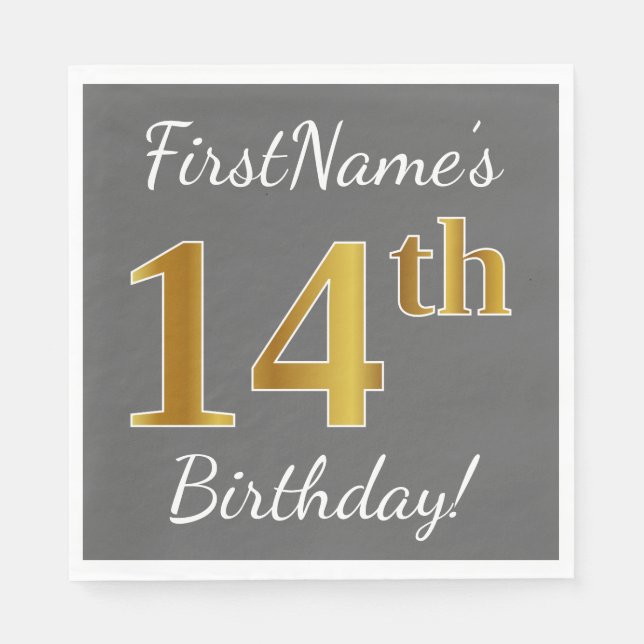 Servilleta De Papel Gris, Faux Gold 14th Birthday + Nombre personaliza (Anverso)