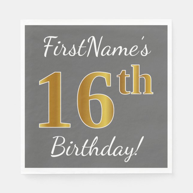Servilleta De Papel Gris, Faux Gold 16th Birthday + Nombre personaliza (Anverso)