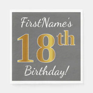 Servilleta De Papel Gris, Faux Gold 18 cumpleaños + nombre personaliz