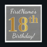 Servilleta De Papel Gris, Faux Gold 18th Birthday   Nombre personaliza<br><div class="desc">Este sencillo diseño de servilleta de papel muestra un mensaje como "¡Cumpleaños 18 del nombre de pila!", con el "18" con un aspecto falso/imitación dorado, en un fondo gris (gris) de color. El nombre se puede personalizar. Se podría usar en una fiesta de cumpleaños para alguien que esté celebrando su...</div>