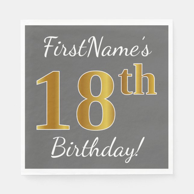 Servilleta De Papel Gris, Faux Gold 18th Birthday + Nombre personaliza (Anverso)