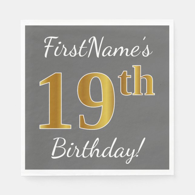 Servilleta De Papel Gris, Faux Gold 19th Birthday + Nombre personaliza (Anverso)