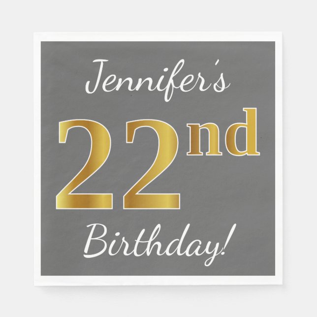 Servilleta De Papel Gris, Faux Gold 22nd Birthday + Nombre personaliza (Anverso)