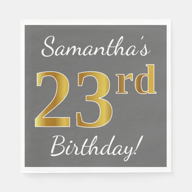 Servilleta De Papel Gris, Faux Gold 23 cumpleaños + nombre personaliza (Anverso)