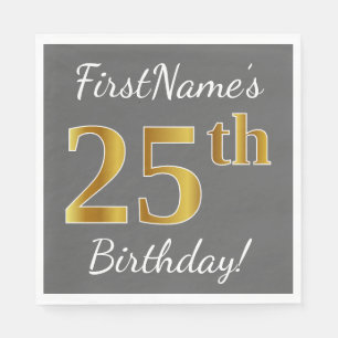 Servilleta De Papel Gris, Faux Gold 25th Birthday + Nombre personaliza