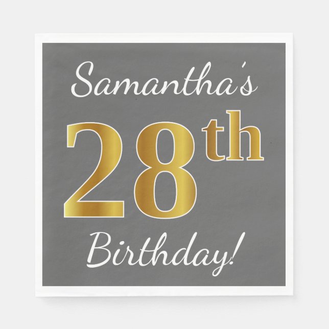 Servilleta De Papel Gris, Faux Gold 28th Birthday + Nombre personaliza (Anverso)