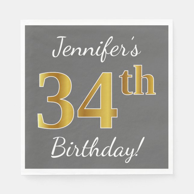 Servilleta De Papel Gris, Faux Gold 34th Birthday + Nombre personaliza (Anverso)
