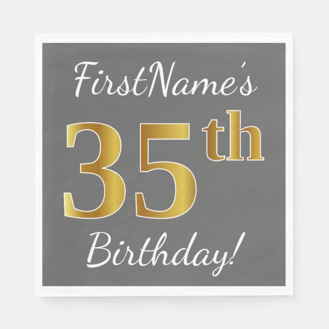 Servilleta De Papel Gris, Faux Gold 35th Birthday + Nombre personaliza (Anverso)