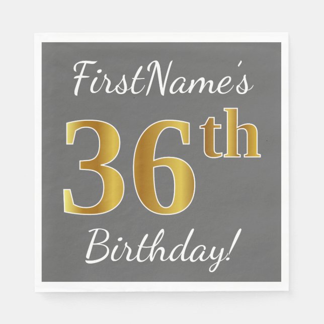 Servilleta De Papel Gris, Faux Gold 36th Birthday + Nombre personaliza (Anverso)