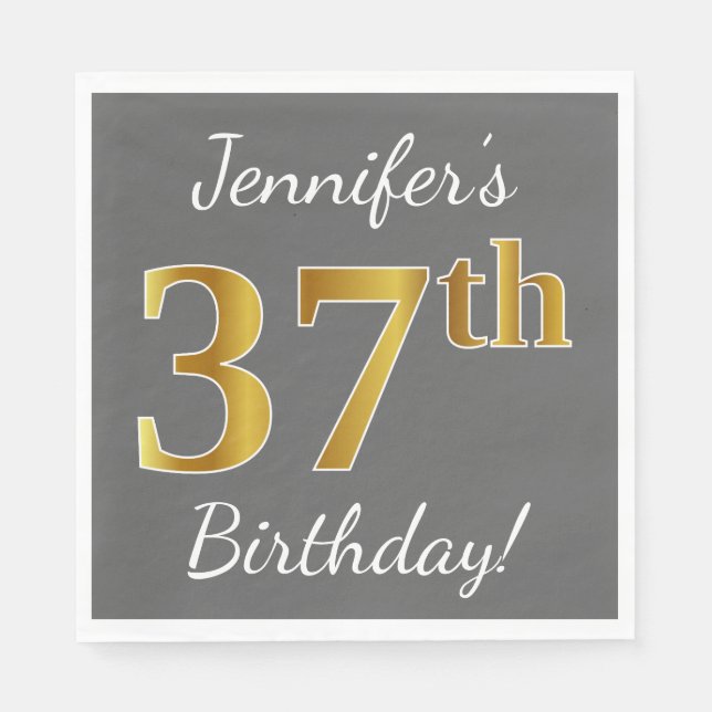 Servilleta De Papel Gris, Faux Gold 37th Birthday + Nombre personaliza (Anverso)