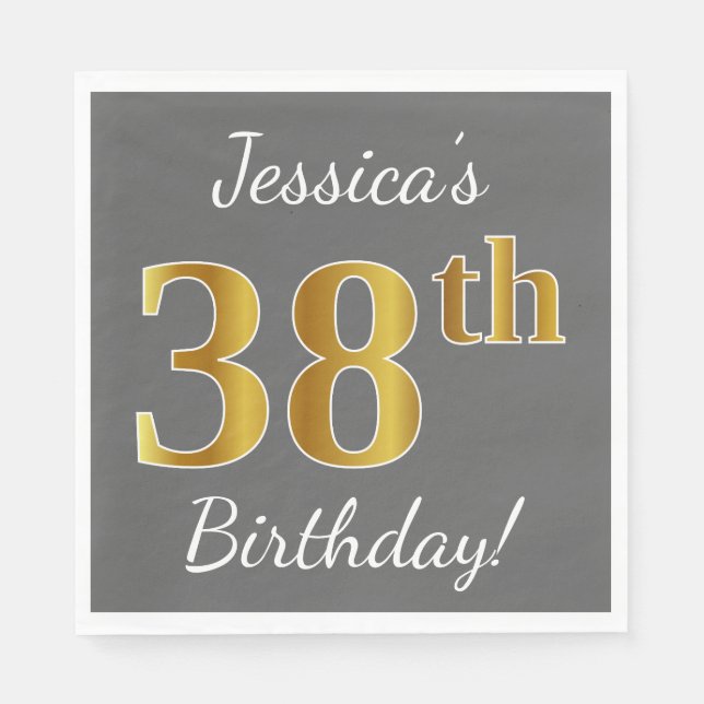 Servilleta De Papel Gris, Faux Gold 38th Birthday + Nombre personaliza (Anverso)